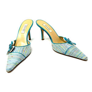Isaac made in Italy size 9 Renee SOF blue fabric‎ heeled mules flower detail